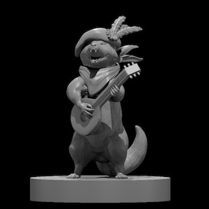 K&ouml;nnte beinhalten: Eine graue Figur eines kleinen, pelzigen Wesens, das einen Hut tr&auml;gt und Gitarre spielt. Das Wesen hat einen langen Schwanz und steht auf einem runden Sockel.