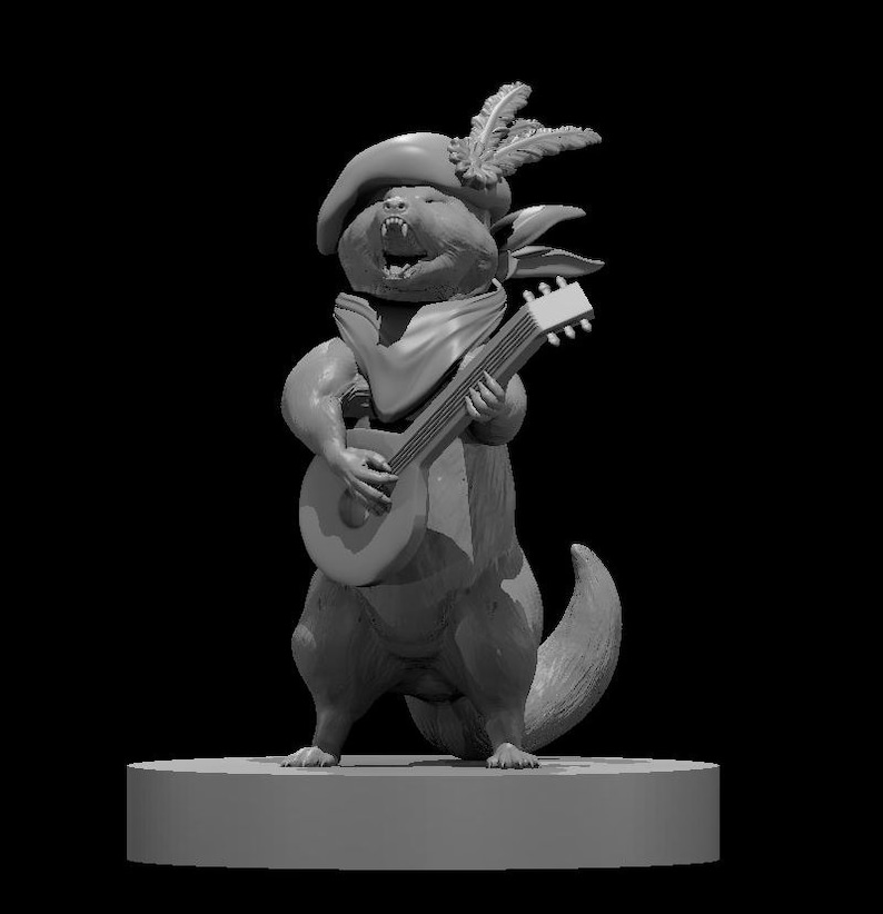 K&ouml;nnte beinhalten: Eine graue Figur eines kleinen, pelzigen Wesens, das einen Hut tr&auml;gt und Gitarre spielt. Das Wesen hat einen langen Schwanz und steht auf einem runden Sockel.