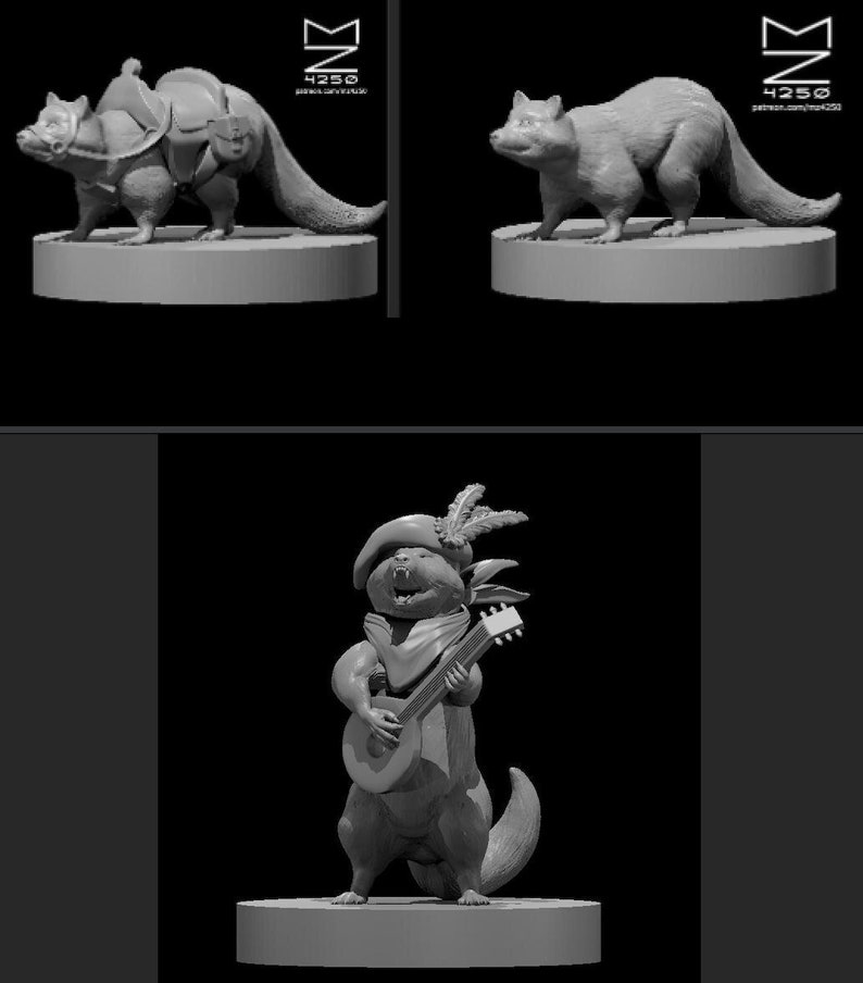 K&ouml;nnte beinhalten: Drei Miniaturfiguren eines Waschb&auml;ren. Die erste Figur ist ein Waschb&auml;r, der einen Sattel tr&auml;gt und eine Tasche tr&auml;gt. Die zweite Figur ist ein Waschb&auml;r, der auf allen Vieren steht. Die dritte Figur ist ein Waschb&auml;r, der einen Hut tr&auml;gt und Gitarre spielt.