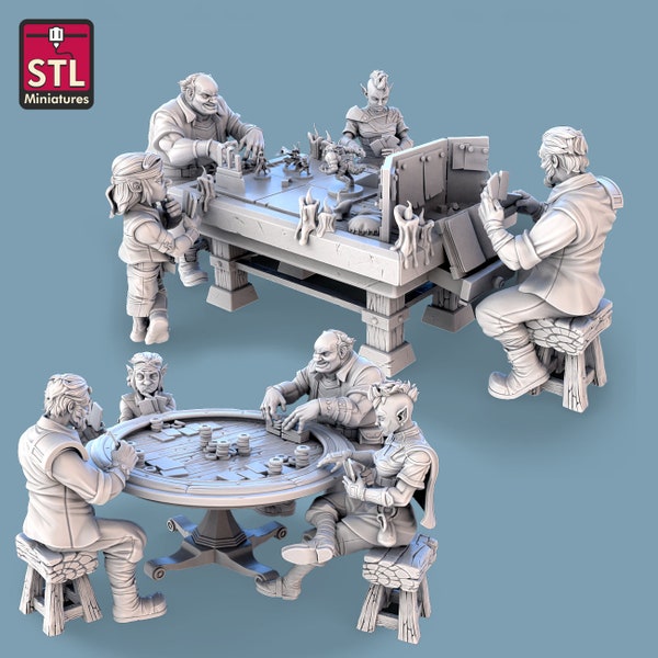 Card Players Set - STL Miniatures - RPG Wargames Tabletop Gaming DnD - Mini Figurine NPC Poker Table DnD Table Casino Chips Cards