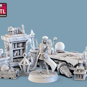Magic Item Vendor Set - STL Miniaturen - RPG Wargames Tabletop Gaming DnD - Mini Figur Fantasy NPC Magic Desk Bücherregal Requisiten Merch Verkäufer