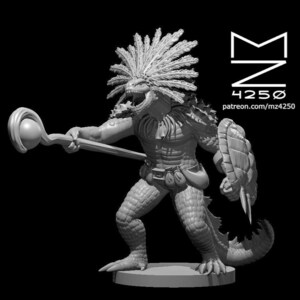 May include: A grey, detailed miniature figurine of a reptilian creature with a feathered headdress, holding a staff and a shield. The creature has a toothy, open mouth and a scaly body. The miniature is set on a round base.