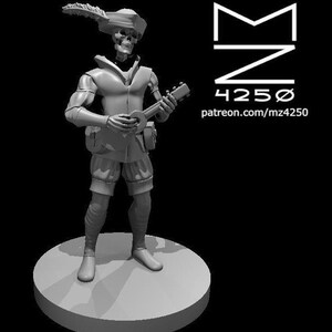 May include: A grey 3D printed miniature of a skeletal figure wearing a hat and playing a lute. The figure is standing on a round base.