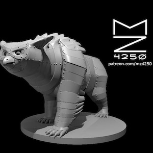 May include: A 3D printed model of a bear wearing armor. The bear is standing on a round base. The model is gray and has a detailed design.
