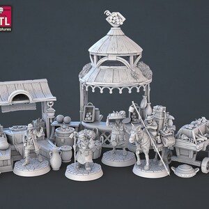 Food Vendors Set - STL Miniaturen - DnD RPG Wargames Tabletop Fantasy Gaming Mini Figuren - Stand Cart NPC Vendors Mule Fruit Requisiten Merch