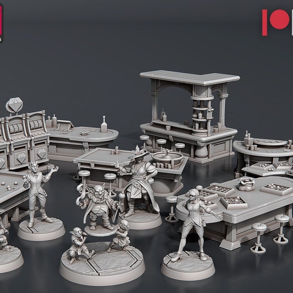 Casino Set - STL Miniatures - RPG Wargames Tabletop Gaming DnD Mini Figurine NPC Poker Blackjack Bingo Roulette Billiards Tables & Bar