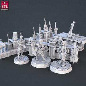 May include: A 3D printed miniature set of a musical instrument shop with three musicians, a variety of instruments, and a wooden counter. The shop is made of wood and has a variety of musical instruments on display, including a lute, a violin, a cello, and a drum. The musicians are all dressed in medieval clothing and are holding their instruments. The set is perfect for tabletop role-playing games or for use as a decorative piece.