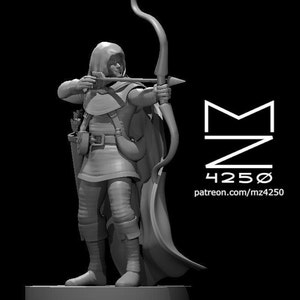 May include: A grey 3D printed miniature of a hooded figure holding a bow and arrow. The figure is wearing a cloak and has a quiver of arrows on their back. The miniature is set on a circular base.