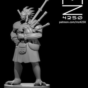 May include: A grey 3D printed miniature of a humanoid figure with reptilian features playing a bagpipe. The figure is wearing a kilt and has a pouch on its belt. The miniature is standing on a round base.