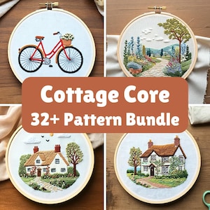 Puede incluir: Un conjunto de cuatro patrones de bordado en aro con temas de cottagecore. Los patrones incluyen una bicicleta con una cesta de flores, un camino de campo con árboles y flores, una cabaña con un jardín y una casa con techo de paja.