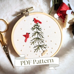 Cardinal on Snowy Sapling Pattern PDF Weihnachts-Stickerei-Muster Anfänger Stickmuster Geschenk Urlaub Stickdatei Design Stickerei