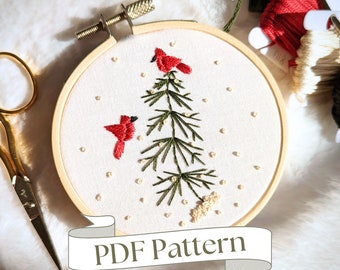 Cardinal on Snowy Sapling Pattern PDF Christmas Embroidery Pattern Beginner Embroidery Pattern Gift Holiday Embroidery Design Embroidery