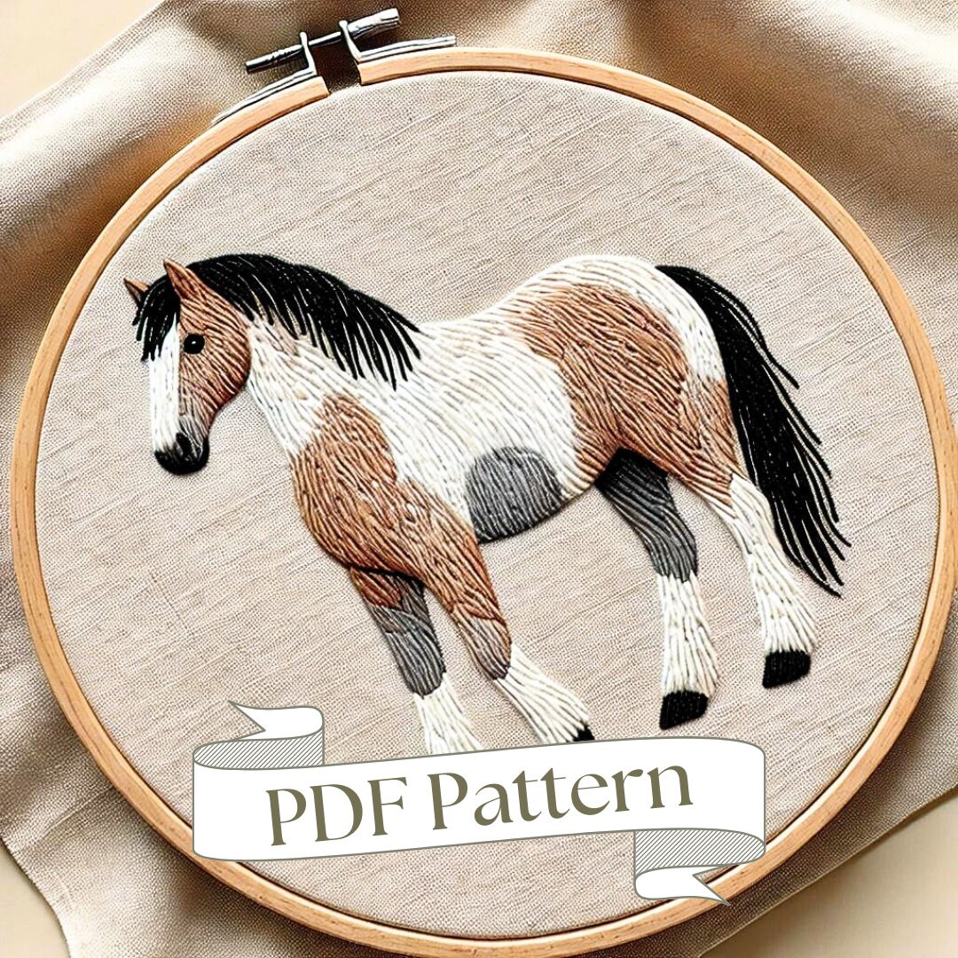 馬の刺繍パターン：納屋の庭の動物のDIYデザイン（PDFパターン