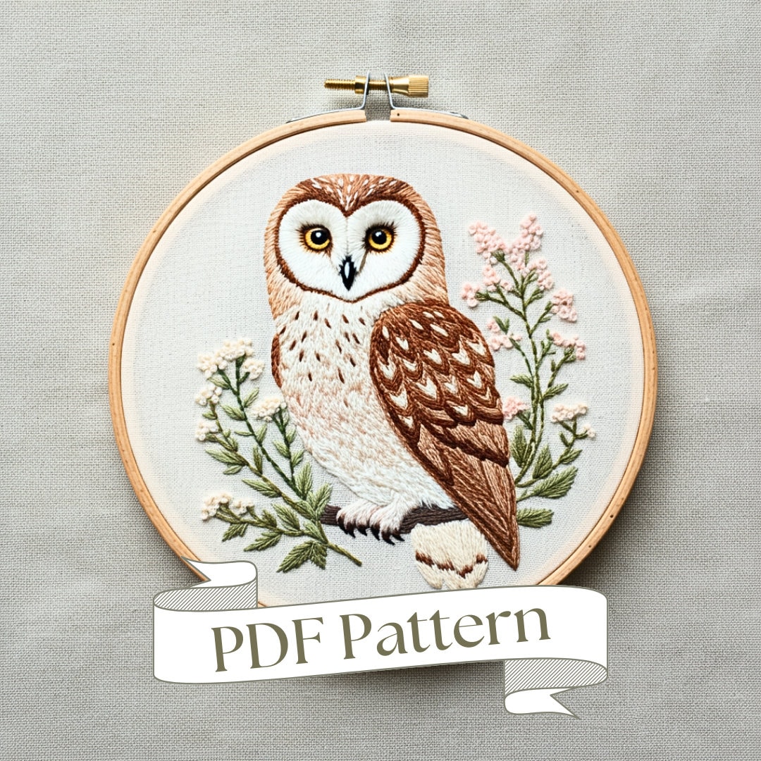 Owl Embroidery Pattern Animal Embroidery Pattern Floral Embroidery Pattern Easy PDF Pattern DIY Embroidery Bird Hand Embroidery Design