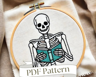 Skeleton Reading Book Embroidery Design: Bookish DIY Pattern (PDF)