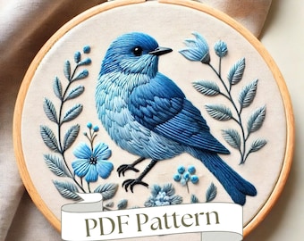 Blue Bird Embroidery Pattern Animal Embroidery Pattern Floral Embroidery Pattern Easy PDF Pattern DIY Embroidery Hand Embroidery Design