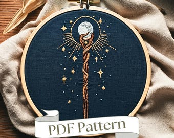 Wizard Staff Hand Embroidery Pattern: Fantasy Book Design (PDF)