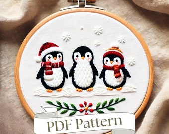 Penguin Embroidery Pattern Cute Family Christmas Embroidery Pattern Ornament Beginner Easy PDF Pattern DIY Embroidery Hand Embroidery Design