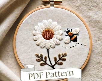 Daisy & Bee Floral Embroidery Pattern: Beginner DIY (PDF Pattern)
