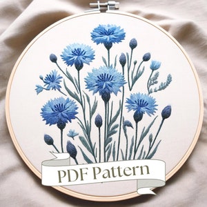 Cornflower Embroidery Pattern Easy Floral Embroidery Pattern Beginner Embroidery Easy PDF Pattern DIY Blue Flowers Hand Embroidery Design
