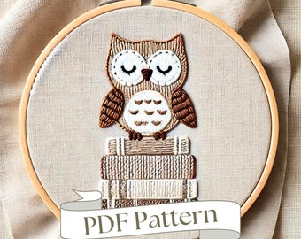 Owl on Books Embroidery Pattern, Beginner DIY Project (PDF Pattern)