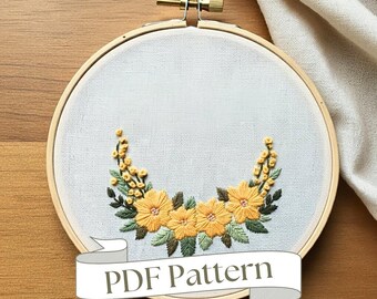 簡単な黄色の花の刺繍デザイン PDF、モダンな手刺繍のデジタル