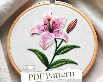 Lily Embroidery Pattern Easy Floral Embroidery Pattern Beginner Embroidery Easy PDF Pattern DIY Embroidery Hand Embroidery Design Easy