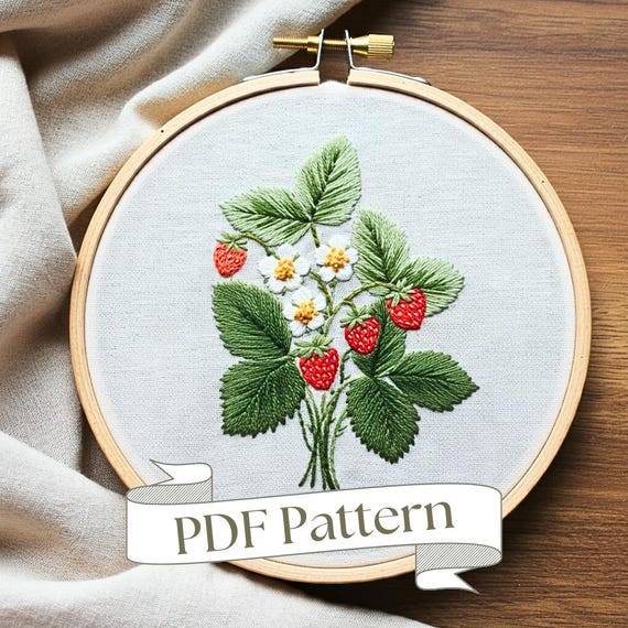 イチゴの手刺繍パターン：DIYサマーフルーツデコレーション（PDF
