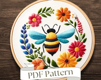 Bee and Flower Embroidery Pattern: Beginner DIY Floral Design (PDF Pattern)