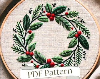 Christmas Embroidery Pattern Wreath Embroidery Pattern Embroidery Ornament Beginner Easy PDF Pattern DIY Embroidery Hand Embroidery Design