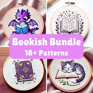 May include: A collection of 18 embroidery patterns featuring book-themed designs. The patterns include a purple dragon reading a book, a book with stars and a crescent moon, a book with a magical symbol, and a cat sleeping on a book.