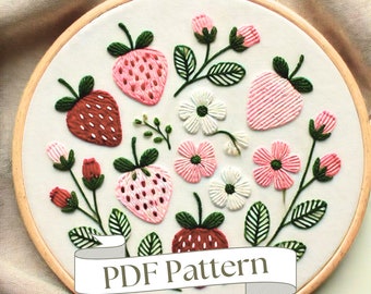 イチゴの刺繍パターン、フルーティーな手刺繍デザイン、夏のフルーツ