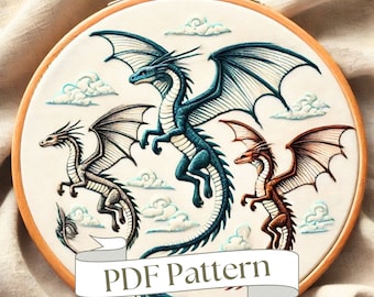 Patrón de bordado de dragón a mano: Diseño de fantasía mítica (Patrón PDF)