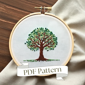 Könnte beinhalten: Ein PDF-Muster für ein einfaches Stickmuster eines grünen Baumes mit braunem Stamm auf weißem Stoff in einem hölzernen Stickrahmen. Der Text "PDF Pattern" befindet sich auf einem grünen Band.