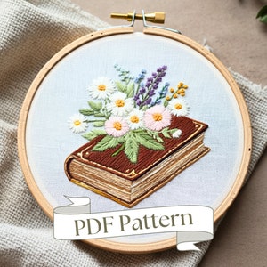 Book Embroidery Design Book Lover Embroidery Pattern Book and Flowers Embroidery PDF Pattern DIY Embroidery Bookish Hand Embroidery Design