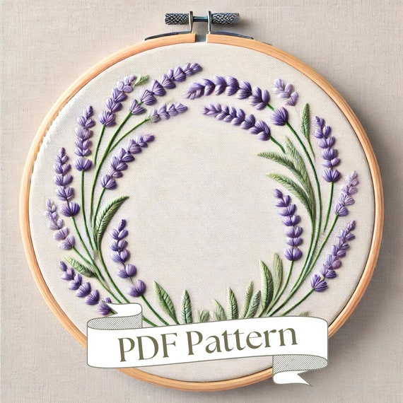 ラベンダーの花柄刺繍パターン：初心者向け簡単DIYデザイン（PDF