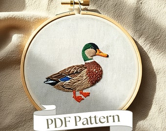 Duck Embroidery Pattern Animal Embroidery Pattern Floral Embroidery Pattern Easy PDF Pattern DIY Embroidery Bird Hand Embroidery Design