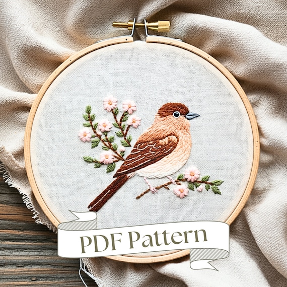 鳥と花の刺繍パターン：簡単なDIY動物デザイン（PDFパターン） - Etsy 日本