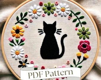 Cat Floral Hand Embroidery Pattern Cat Lover Embroidery Pattern Animal Embroidery Pattern PDF Pattern DIY Embroidery Hand Embroidery Design