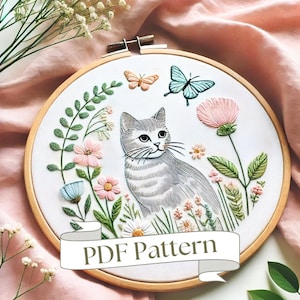猫の花の手刺繍パターン 猫好きの刺繍パターン 動物の刺繍パターン PDFパターン DIY刺繍 手刺繍デザイン
