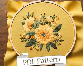 簡単な黄色の花の刺繍デザイン PDF、モダンな手刺繍のデジタル