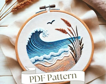 Ocean Waves Embroidery Pattern Beach Lover Handmade Gift Sea Embroidery Pattern Summer Hand Embroidery Pattern DIY Ocean Embroidery Patterns