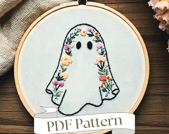 Floral Ghost Embroidery Pattern Halloween Embroidery Pattern Fall Embroidery Pattern DIY Instant Download Floral Hand Embroidery Pattern