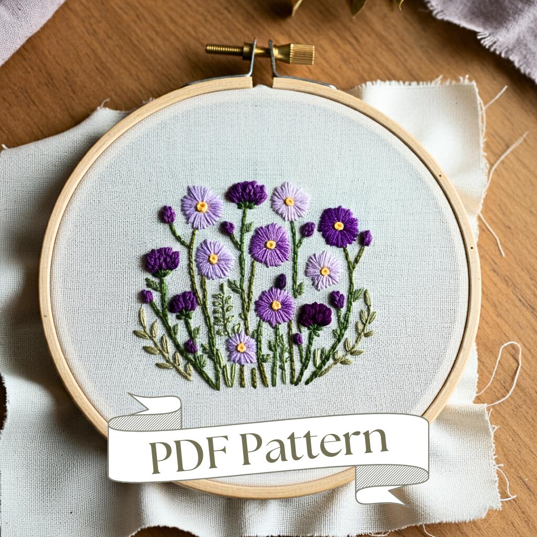 紫色の花の刺繍パターン：初心者向けDIYフラワー（PDFパターン