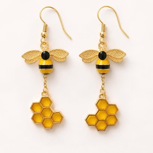 Pendientes colgantes de abeja dorada, panal de abeja esmaltado, joyería colgante