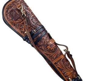 Western Rifle Scabbard - 33&quot; Brown Tooled Leather Rifle Cover with Adjustable Strap Fits Most Lever-Action Rifles Perfect Gift for Hunting