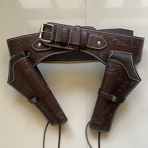 Cintura doppia fondina in pelle fatta a mano, stile western da cowboy con cintura portacartucce, regalo personalizzato per cacciatore