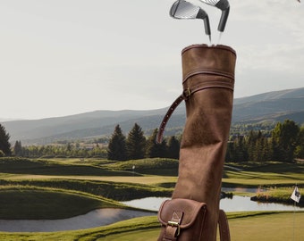 Handmade Real Leather Vintage Style Brown Golf Bag with 2 Golf Ball Pocket 9 Golf Stick Holder and Strap, Leather Golf Stand,Gift for Golfer