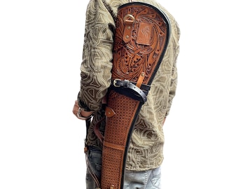 33&quot; Vintage Brown Leather Engraved Rifle Scabbard for Lever Action Carbine Horseback or ATV Hunting Fits Winchester Marlin Henry USA Made