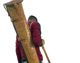 Western Rifle Scabbard 48-50" Shotgun Case Tan Brown Long Hand Tooled Leather Scabbard Cover | Rifle and Shotgun Sleeve with Straps